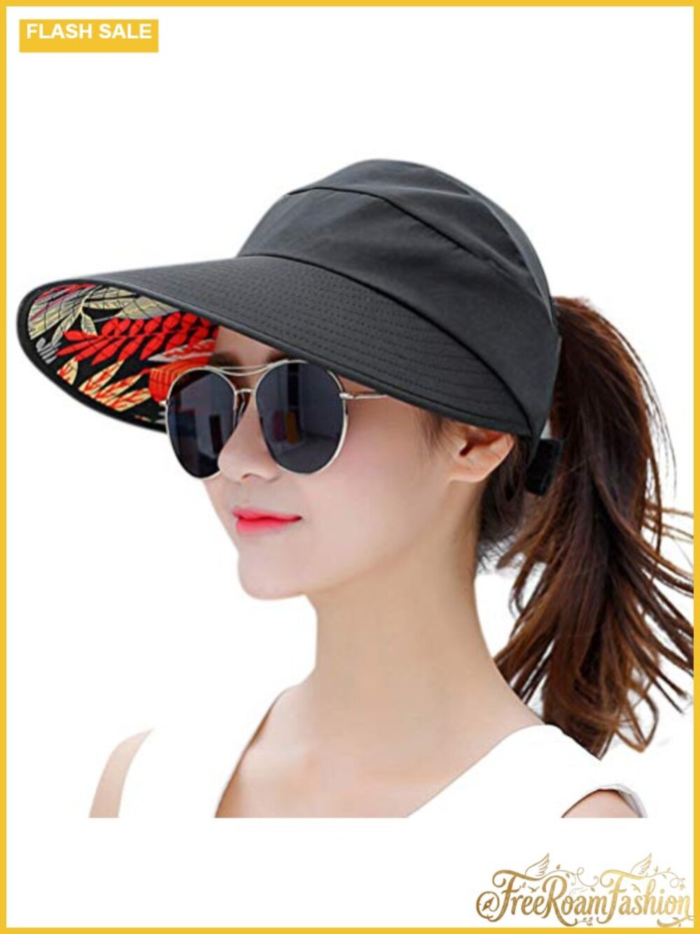 Wide Brim UV Protection Packable Sun Hat Floral Underbrim Beach Visor